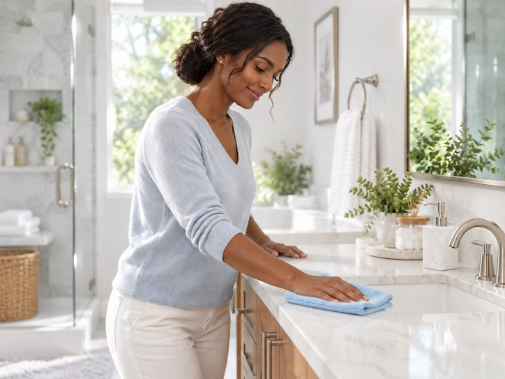 Woman cleaning her bathroom with ZymeAway